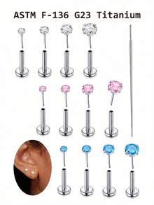 CIZME Pendiente de labio de aleación de titanio G23 sin rosca de 20g, anillos de labio con gema de CZ incrustada, adecuado para perforaciones de labio y cartílago de la oreja, disponible en rosa y CZ azul, unisex - Plateado - Ver 1
