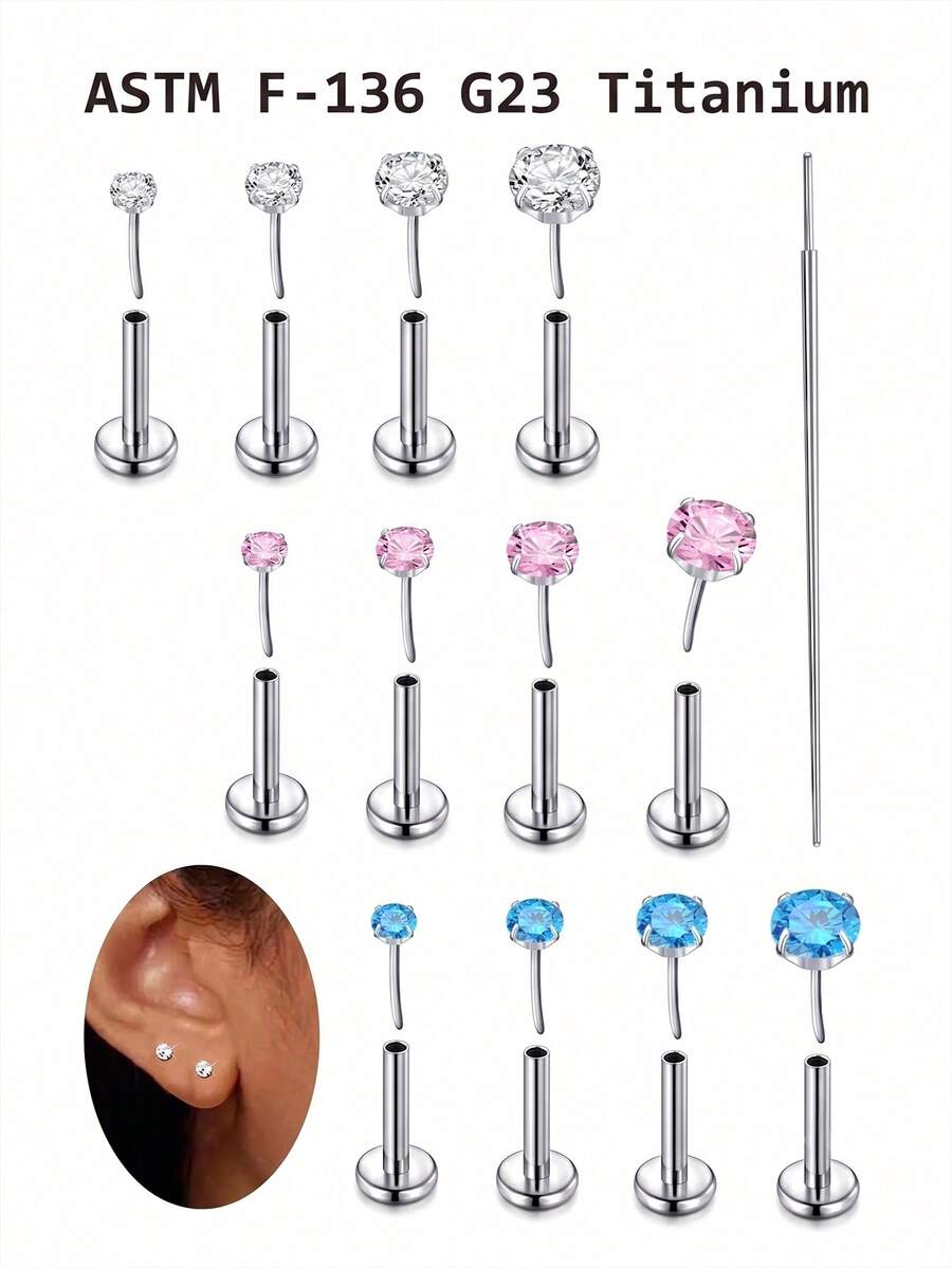 CIZME Pendiente de labio de aleación de titanio G23 sin rosca de 20g, anillos de labio con gema de CZ incrustada, adecuado para perforaciones de labio y cartílago de la oreja, disponible en rosa y CZ azul, unisex - Plateado - Ver 1