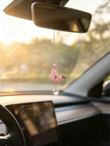 1件裝 粉色鏤空蝴蝶水晶汽車後視鏡吊飾 優雅金屬車內擋風玻璃裝飾掛件 - A - 查看 2