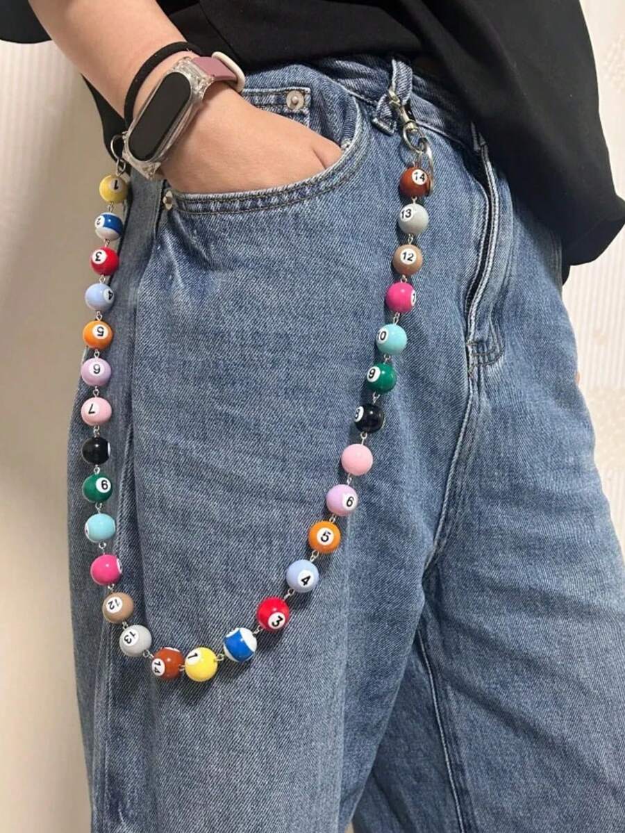 Cadena de pantalones con cuentas de billar estilo nuevo 2026, accesorio de moda unisex Y2K punk hip-hop, llavero multifuncional, cadena para bolso, secuencia de colores aleatorios - Multicolor - Ver 1