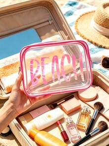 PVC防水透明防曬化妝包，印有彩色「BEACH」字母圖案，海灘主題收納袋，大容量透明旅行盥洗包，適合度假、浴室、宿舍、夏季海灘、游泳與旅行。獨特生日禮物、旅行紀念品、教師節禮物、開學必備 - 彩色 - 查看 4