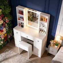 Large LED Mirror Dressing Table 3 Light Modes 2 Cabinets With Stool Vanity Set - Vanity Set Make Up Dressing Table Dresser Desk With Stool With LED Lighted Mirror - Vanity Makeup Desk Large Dressing Table With LED Bulbs Mirror 3 Drawers With Stool - - White - View 6