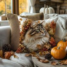 1pc Autumn Maple Leaf Long Hair Cat Print Pattern Polyester Pillow Case [Pillow Insert Not Included], 17.7*17.7in(45*45cm)/19.69*19.69in(50*50cm)/15.75*15.75in(40*40cm), [Single-Sided Printing] Cat Lover Gift Cushion Cover Room Decor, Home Decor, Bedroom Decor, Room Decoration Stuff For Sofa, Bed, Living Room, Bedroom, Car, Office, Hotel Decoration Throw Pillow Covers All Season Use Perfect Gift For Family And Friends - Multicolor - View 4