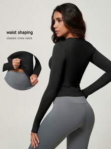 NcmRyu Women's 1pc Solid Color Round Neck Slim Fit Long Sleeve Skin-Friendly Elastic Yoga Gym Sports T-Shirt - Black - View 2