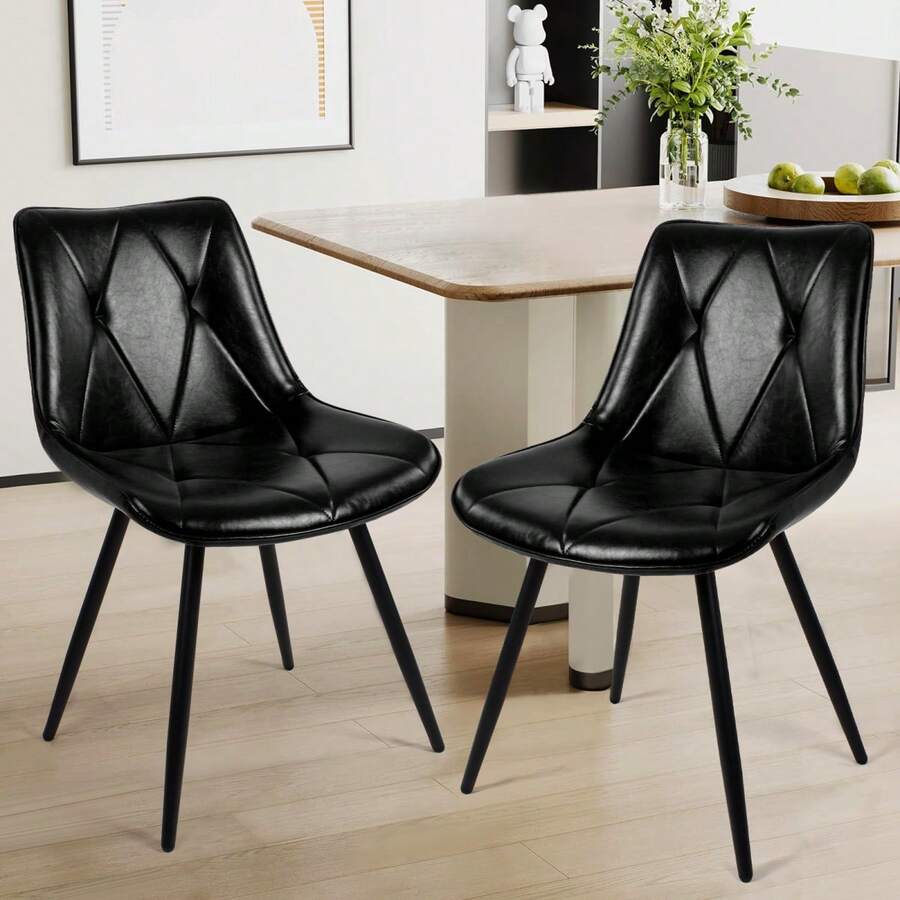 Faux Leather Upholstered Dining Chair Set Of 2 / Modern-Style Dining Chairs / With Metal Legs, Thick Foam Cushion & Ergonomic Backrest / Suitable For Dining Rooms,  Living Rooms Or Flats - Black - View 1