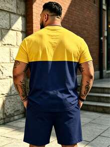 2pcs/Set Plus Size Men's Street Style Set, Yellow & Blue Contrast, RIDER 92 Numeric Print Short Sleeve T-Shirt + Shorts, American Casual Cool Sports - 寶藍色 - 查看 2