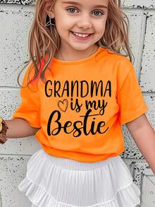 Versatile And Modern Casual T-Shirt For Girls With A Print Of The Phrase "My Grandmother Is My Best Friend". - 灰色 - 查看 1
