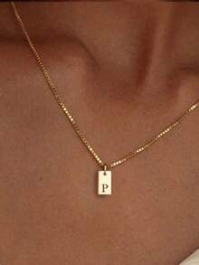 1pc Fashionable Stainless Steel Rectangular 26 Letter Pendant Necklace For Women, Suitable For Daily Wear, Birthday Gift - Yellow Gold - View 28
