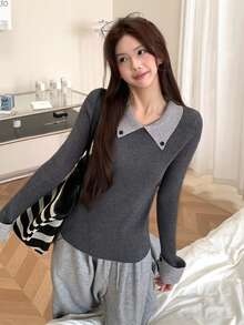 Y6Y Sweater Rajut Lengan Panjang Patchwork Blok Warna Musim Semi Wanita, Atasan Lapisan Dalam 2 In 1 dengan Kerah Niche - Grey - View 3