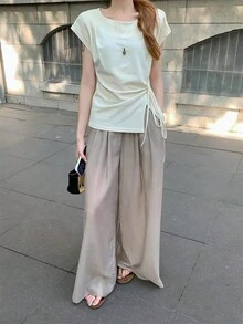 溫柔風小眾設計前綁帶短袖T恤 女款優雅修身顯瘦短袖上衣 夏季 - 杏色 - 查看 5
