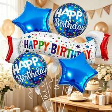 7pcs Blue Theme Birthday Foil Balloon Set, Suitable For Birthday, Anniversary, Memorial Day And Holiday Party Decoration, Blue Theme Birthday Decoration Balloons (Includes Straws And Ribbons) - View 2