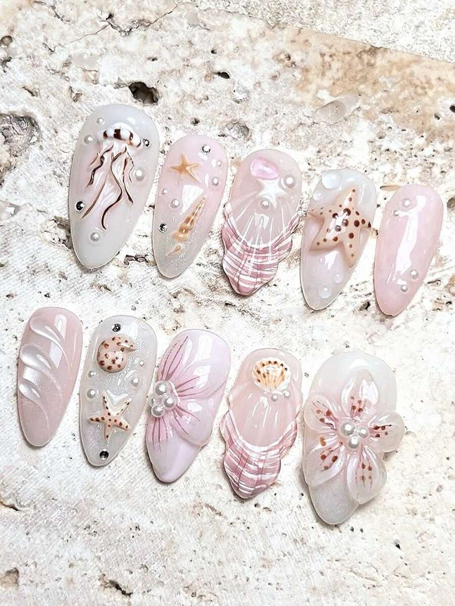 10片裝 3D浮雕海洋系穿戴甲 手作粉色珍珠水母海星貝殼可重複使用假指甲 夏季海灘度假款 - 紫丁香色 - 查看 1