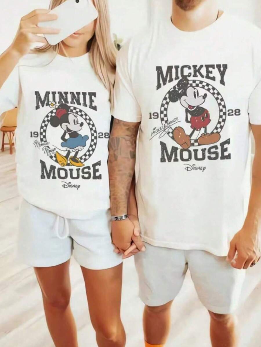 [Officially Licensed Disney] Couple Crew Neck Printed T-Shirts - Featuring Disney Minnie And Mickey Mouse Designs And Lettering. - White - Women - View 1