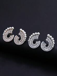 1 paire de boucles d'oreilles pendantes de luxe géométriques avec CZ 5A & perles fausses, monture en cuivre, pour mariage & robes de soirée, fêtes - Superbes boucles d'oreilles - Voir 4