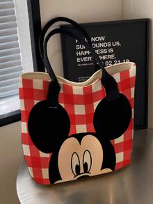 Back To School Disney Mickey Minnie Full Print Canvas Tote Bag, Large Capacity Cute Star Pattern Pink Ribbon Shoulder Bag, Women Girls Daily Commute Shopping Casual Handbag - Multicolor - View 2