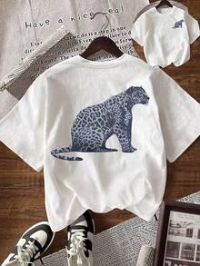 Women's Casual Leopard Print Round Neck Short Sleeve T Shirt,Summer - 白色 - 查看 1