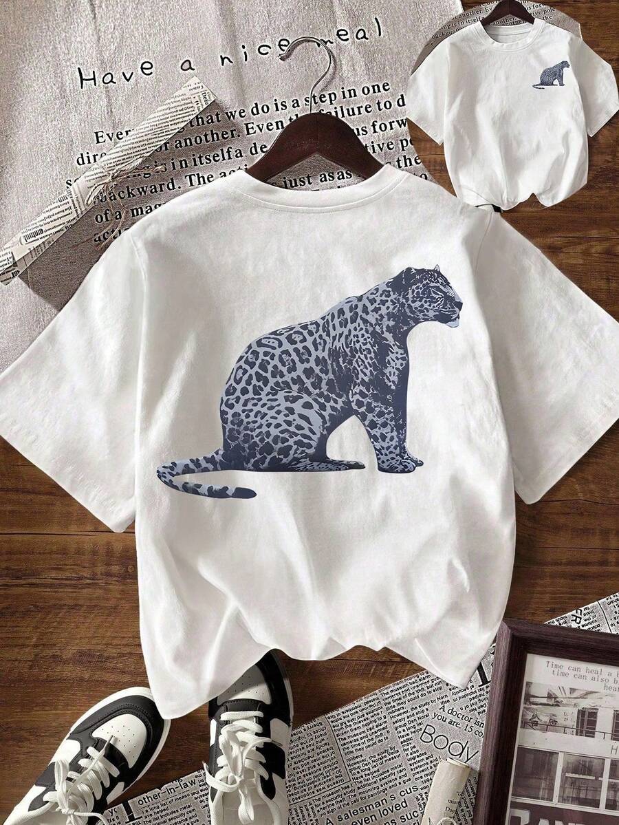 Women's Casual Leopard Print Round Neck Short Sleeve T Shirt,Summer - 白色 - 查看 1