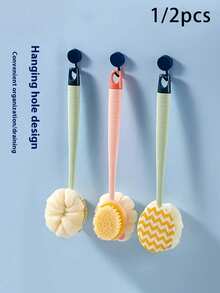 1/2pcs Double-Sided Long Handle Bath Brush Dual-Use Back Scrubber & Exfoliating Towel, Multi-Functional Bath Brush With Curved Design For Easy Back Access, Exfoliation And Massage, Available In Pink Or Green, Suitable For Everyone - Multicolor - View 1