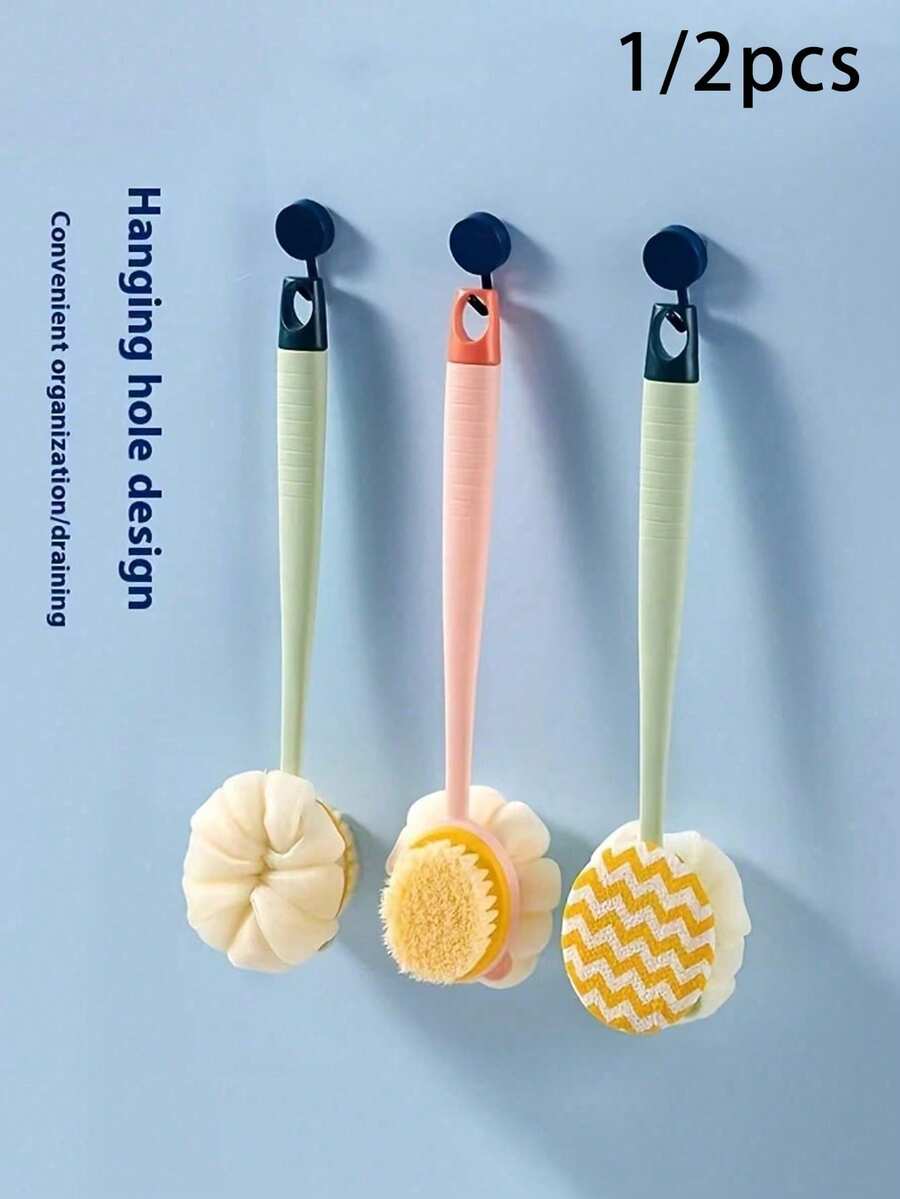 1/2pcs Double-Sided Long Handle Bath Brush Dual-Use Back Scrubber & Exfoliating Towel, Multi-Functional Bath Brush With Curved Design For Easy Back Access, Exfoliation And Massage, Available In Pink Or Green, Suitable For Everyone - Multicolor - View 1