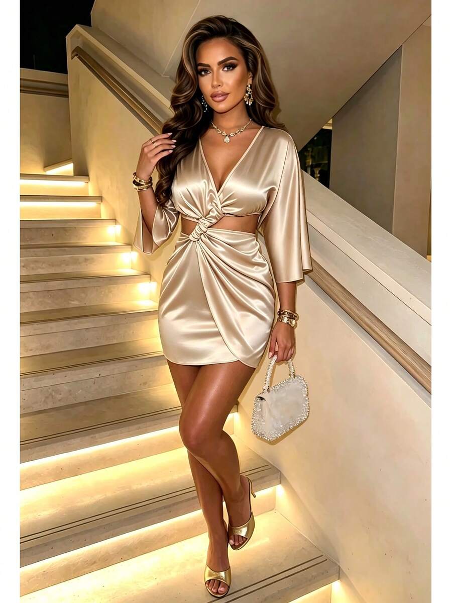 AIJ Amarilo Women's Yellow Solid Color Elegant Casual Formal Sexy V-Neck Kimono Sleeve Open Back Twist Knot Mini Dress, Suitable For Summer, Spring, Beach, Resort, Party, Wedding Guest, Graduation, Prom, Holiday, Daily Wear - Apricot - View 1