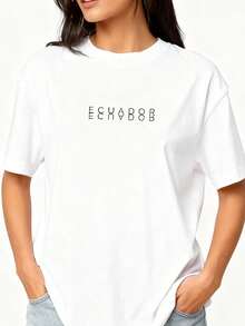 Camiseta de manga corta para  con estampado de letras geométricas minimalistas tela de algodón cuello redondo transpirable suave estilo casual primavera verano uso diario - Negro - Ver 6
