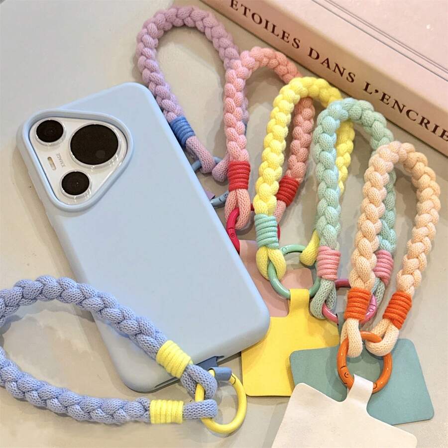 1pc Summer Fresh Dopamine Solid Color High-Quality New Handmade Woven Short Phone Lanyard Wrist Strap - Multicolor - View 1