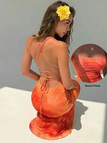 Elegant Women's Dress With Floral Print And Open Back, Summer Clothes, Beach Outfits For Women, Beach Vacation Clothes, Party Outfits, Bridesmaids - 珊瑚橙 - 查看 10