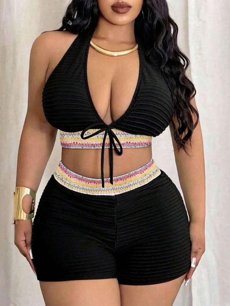 2026 New High-End Plus Size Sexy Swimsuit For Women With Special Fabric, Removable Padding, Halter Neck With Bow, Low Neckline - Multicolor - View 7