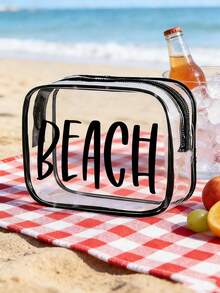 PVC防水透明防曬化妝包，印有彩色「BEACH」字母圖案，海灘主題收納袋，大容量透明旅行盥洗包，適合度假、浴室、宿舍、夏季海灘、游泳與旅行。獨特生日禮物、旅行紀念品、教師節禮物、開學必備 - 彩色 - 查看 5