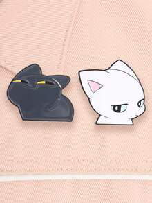 2pcs Cartoon Cute Black & White Cat Enamel Brooch, Funny Lazy Squinting & Disdainful Expression Design Badge, Fashion Clothing & Backpack Accessory, Best Gift For Cat Lovers - Multicolor - View 4