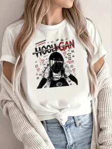 Women's Casual Summer Printed T-Shirt - A Dark Street Style Hooligan-Themed Printed Tee - Women's Short-Sleeve Crew Neck Casual Top, A Mix Of - 白色的 - 查看 1