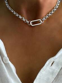 1pc Silver Oval A-Z Letter Necklace With Clasp And Lightning Diamond Letter Chain, Unique Luxury Style, Suitable For Women's Daily Commute Decoration - Silver - View 16
