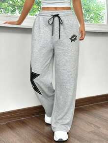 Women's Patchwork Pattern Wide Leg Pants, All Season Wear, Flowy Loose Fit Slimming, Casual Long Pants, Versatile And Comfortable Sports - Light Grey - View 4