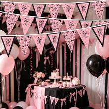 12 Peças Bandeira de Laço Coquette Rosa e Preto, 12 Peças Guirlanda de Bandeiras Triangulares com Estampa de Laço e Estrela, Bandeiras de Pennant Vintage Pré-Montadas para Aniversário de Meninas, Chá de Bebê, Chá de Panela, Bandeira de Laço Vintage, Decoração de Parede - Laço preto e rosa - Visão 7