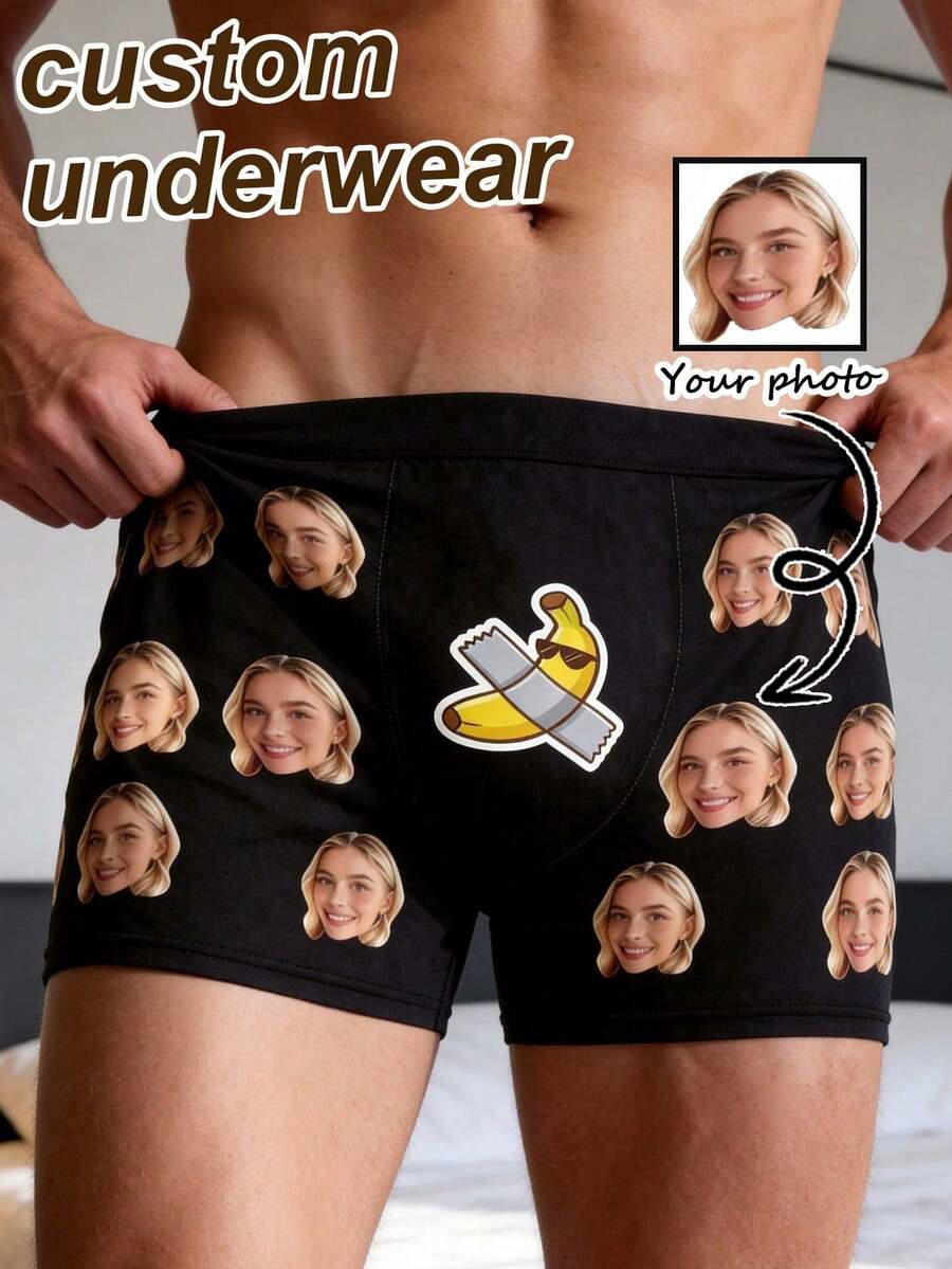 1pc Men Custom Photo Printed Boxer Briefs Black Soft Breathable Stretch Funny Personalized Underwear For Valentine's Day Daily Wear - Multicolor - View 1