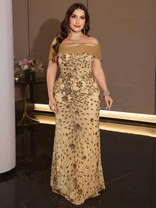 XUIBOL Elegant Women's Off-Shoulder Gold Sequin Mermaid Formal Gown, Charming Long Party Dress With Zipper Detail - Champagne - View 5