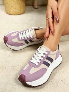 Women's White Casual Sneakers, Low-Top, Lightweight, Non-Slip, Wear-Resistant, Low Heel, Round Toe, Breathable, Lace-Up, Suitable For Outdoor Sports, - 紫色 - 查看 6