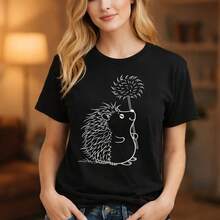 Women's Cotton T-Shirt With A Hedgehog Print On The Side And A Dandelion In White Outline, Versatile For A Sweet, Woodland Everyday Look. - 黑色 - 查看 1