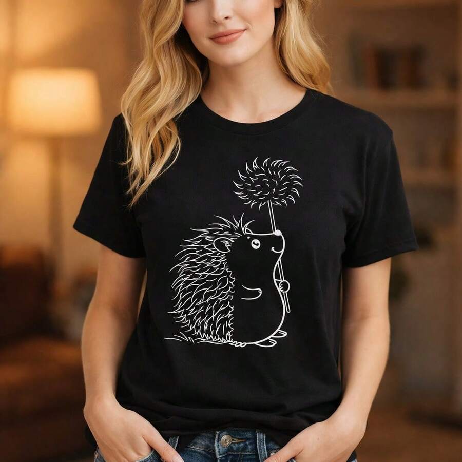 Women's Cotton T-Shirt With A Hedgehog Print On The Side And A Dandelion In White Outline, Versatile For A Sweet, Woodland Everyday Look. - 黑色 - 查看 1