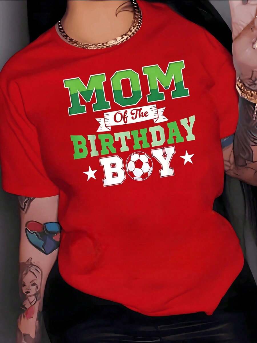 Casual Blouses For Women. Graphic Celebrating A Proud Mother On Her Son's Birthday With A Football And Stars Theme. Women's T-Shirt, 100% Cotton. - 紅色 - 查看 1