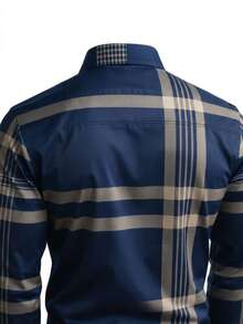 Men's Striped Long Sleeve Single-Breasted Casual Commuter Shirt - Navy Blue - View 3