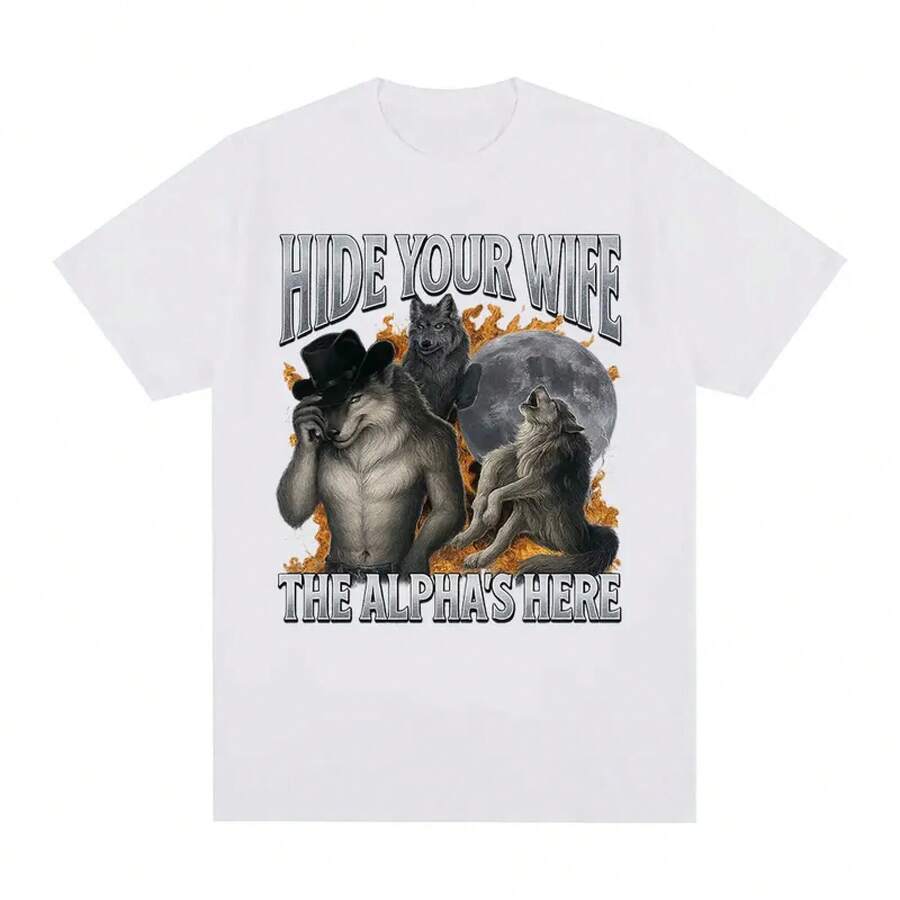 Hide Your Alpha Wife Here.Funny Werewolf  Graphic T-Shirt For Men, Casual Hip-Hop Fashion, Short-Sleeved. - White - View 1