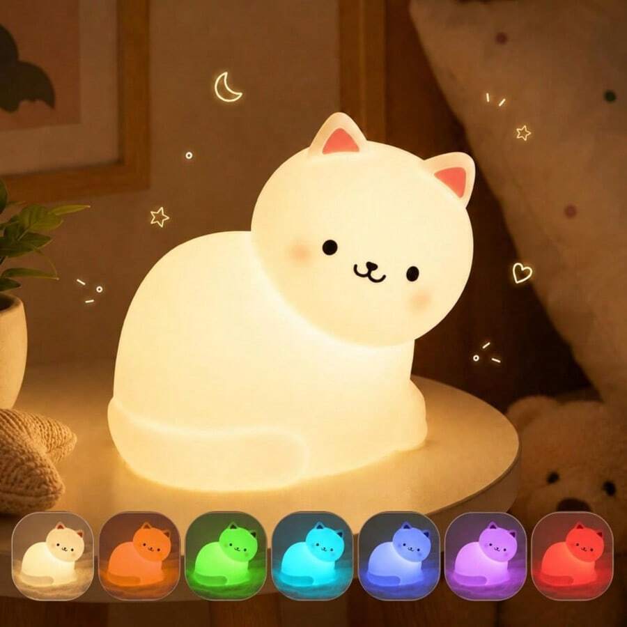 GLOOPRO Children's Cat Night Light, 7 RGB Cyclic Colors, 3-Level Adjustable Soft Lighting, 30 Minute Timer, USB Rechargeable, Suitable For Boys And Girls To Sleep In, Children's Room Decoration Gift