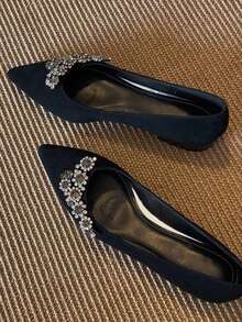 French Style Elegant Black Rhinestone Floral Pointed Toe Flat Shoes, Spring/Autumn Delicate Sparkling Rhinestone Decor Shallow Slip-On Pumps, Suitable For Annual Meeting, Banquet, Commute, Wedding, Mature Elegant Women's Shoes - Black - View 4