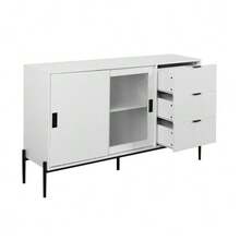 Modern Sideboard With Sliding Glass Door And 3 Drawers, Entryway Console, Kitchen Cabinet For Hallway, Entryway, Kitchen, Office, White - White - View 5