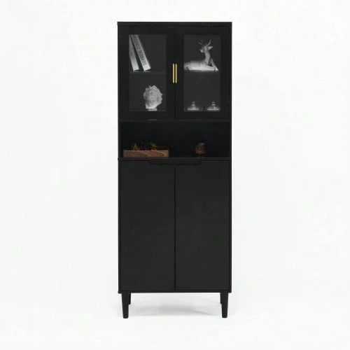 Tall Bookcase With Tempered Glass Door And Adjustable Shelf, 4 Doors, Lacquered MDF Furniture, Black, Storage For Living Room And Bedroom - Black - View 1