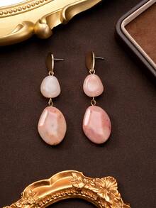 1 par de pendientes largos elegantes y personalizados con cuentas de piedra sintética, diseño geométrico asimétrico en forma de lágrima de metal, estilo vintage de moda, adecuados para uso diario, regalo y vacaciones - Rosa coral - Ver 4