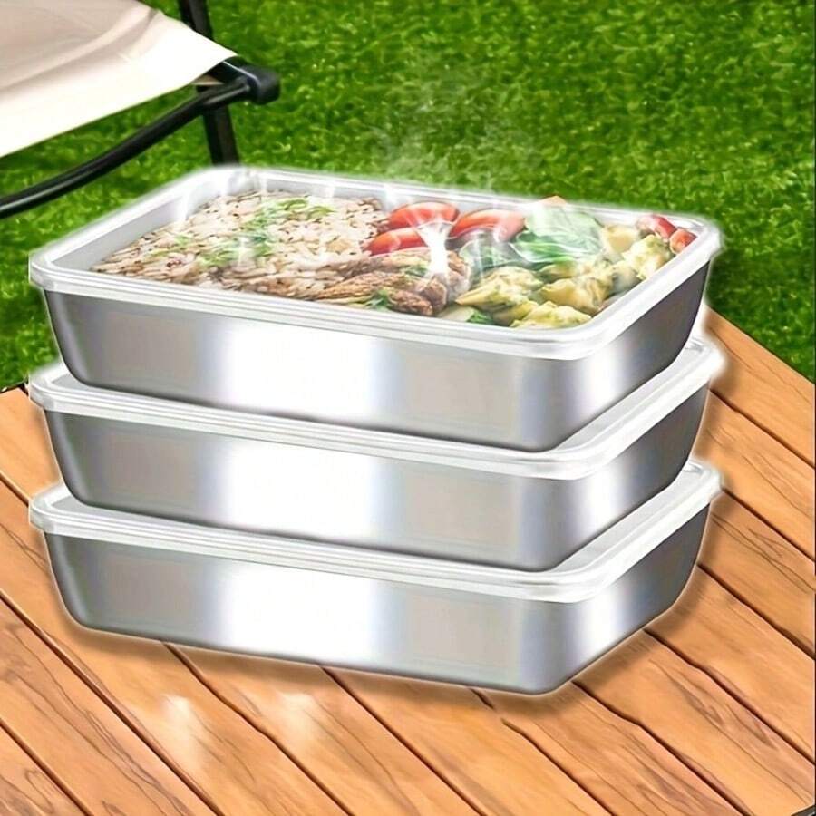 5件組不鏽鋼食品儲存容器套組附透明蓋－大號方形容器，適用於肉類、水果與蔬菜－適合露營、零食儲存、戶外與居家使用，可堆疊廚房儲物盒－居家與戶外使用的理想選擇，露營必備 | 可堆疊容器 | 耐用儲存，不鏽鋼容器，肉類保鮮盒，適用於冰箱或野餐、BBQ派對、辦公室、健身午餐、聖誕禮物，2025冬季，閃耀冬日仙境，返校季