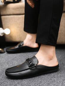 Men's Metal Buckle Minimalist Outdoor Indoor Summer Slip-On Flat Half-Back Loafers (Size Runs Small, Order One Size Up For Larger Feet) - Black - View 3