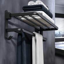 Bathroom Towel Rack, Wall-Mounted Bathroom Shelf, Dual Bars, Foldable, Waterproof And Rust-Proof, Suitable For Storing Towels, Clothes And Jackets, Applicable For Bathroom, Balcony, Hotel, Dormitory And Other Bathroom Accessories - Multicolor - View 2